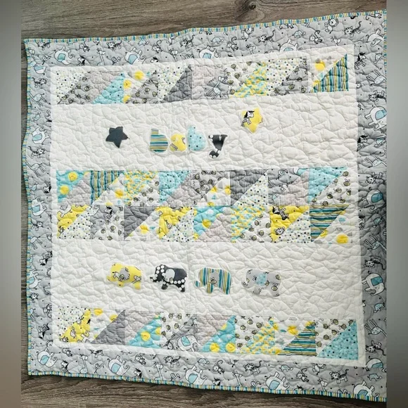 Handmade Baby Patchwork Quilt in Yellow, Aqua & Gray elephants - Picture 1 of 5
